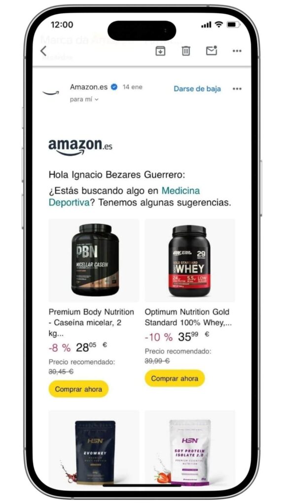recomendacion de productos por amazon ejemplo de email