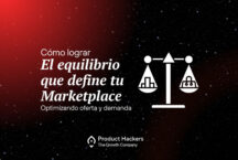 Ilustración de una balanza con elementos de oferta y demanda en un marketplace digital, destacando la optimización del equilibrio entre ambas partes