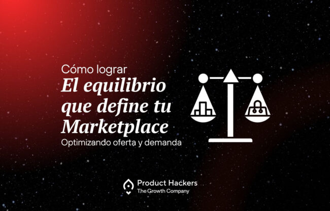 Ilustración de una balanza con elementos de oferta y demanda en un marketplace digital, destacando la optimización del equilibrio entre ambas partes